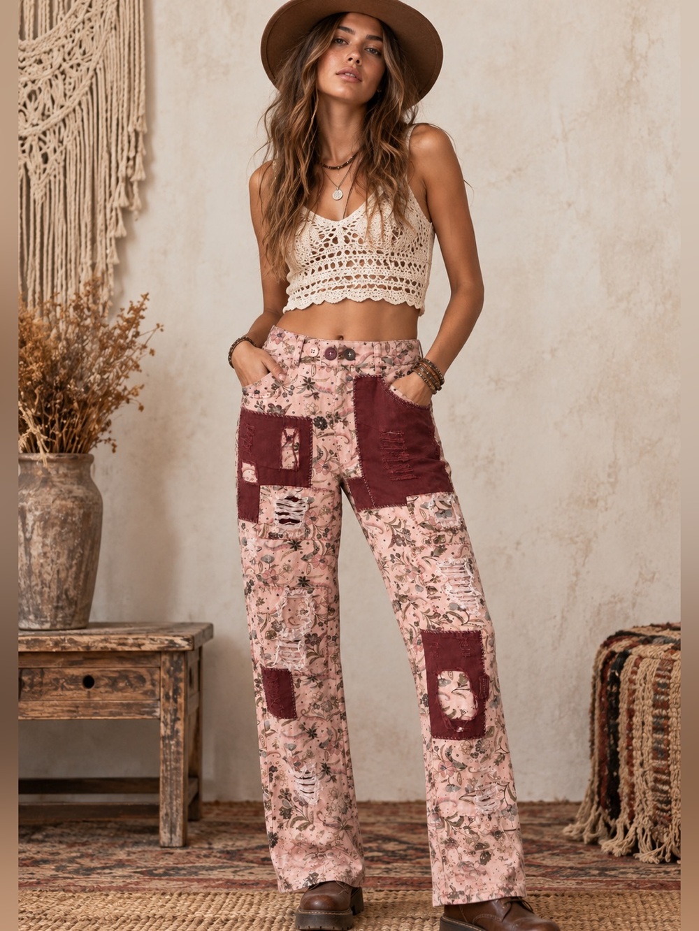 Blue Velvet Jeans Pants - Distressed Floral Patchwork - NWT
